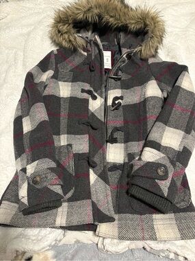Vintage Aeropostale Gray Plaid Pea Coat with Pink Accents and Faux Fur Hood